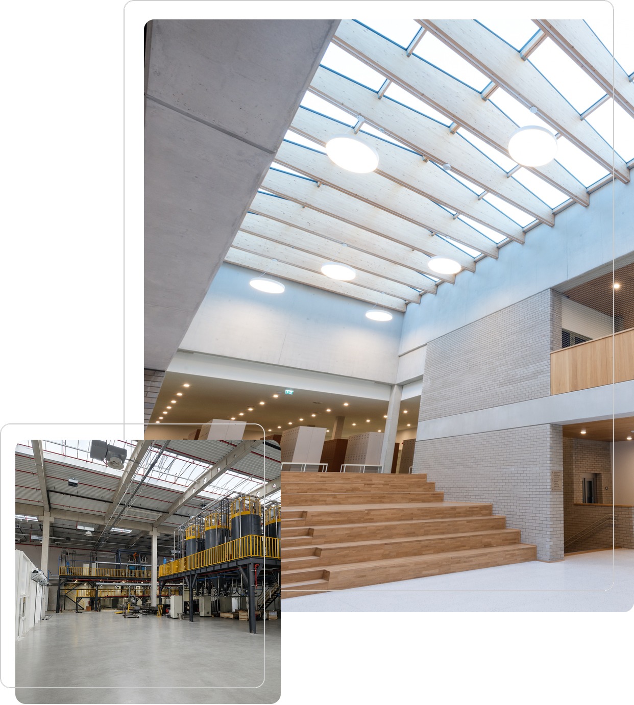 Atrium z drewnianym zadaszeniem i hala produkcyjna